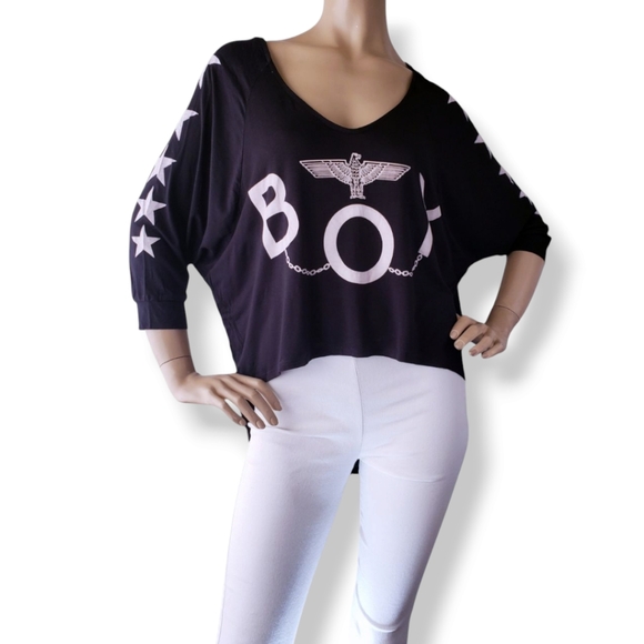 BOY London Black & White Logo Graphic Dolman Sleeve Blouse Size Medium - Picture 9 of 9